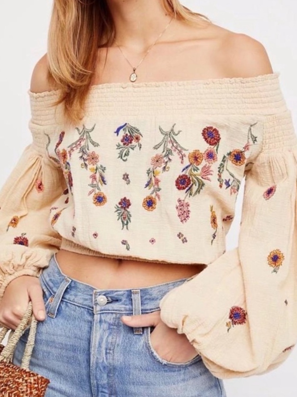 Free People LEILANI Cream Off-Shoulder Embroidered Crop Top NWT BELL SLEEVE SZ S - Picture 6 of 8